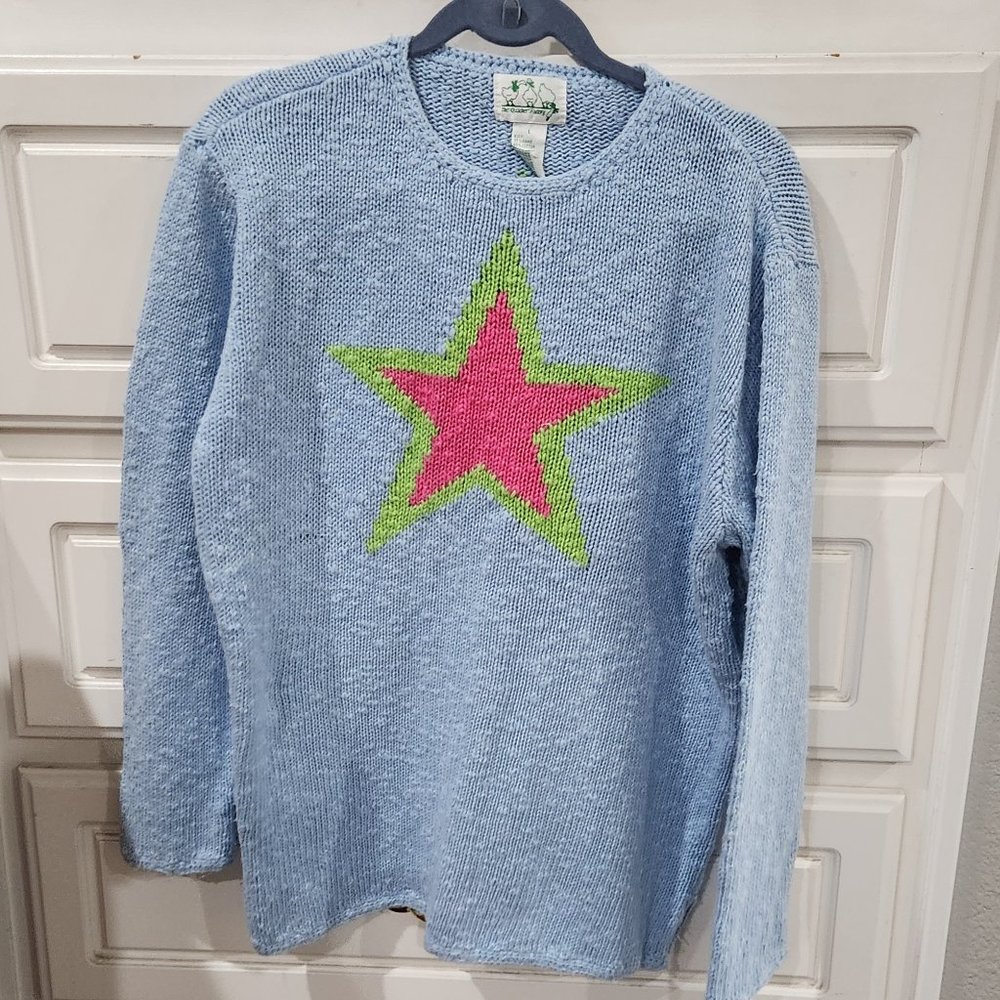 Quacker Factory Blue Sweater with Pink and Green Star